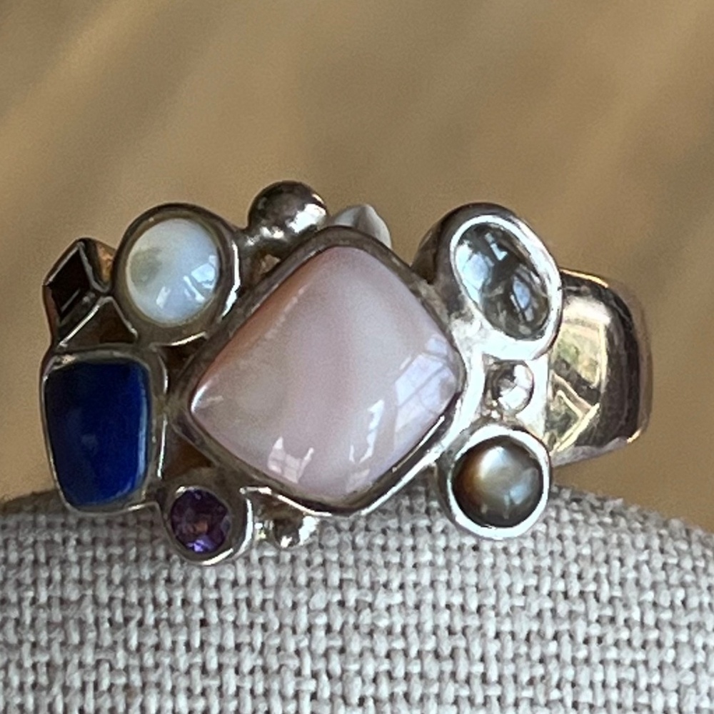 Vintage Ring signed 925 LT lapis, pearl, amethyst garnet aquamarine sz 9.